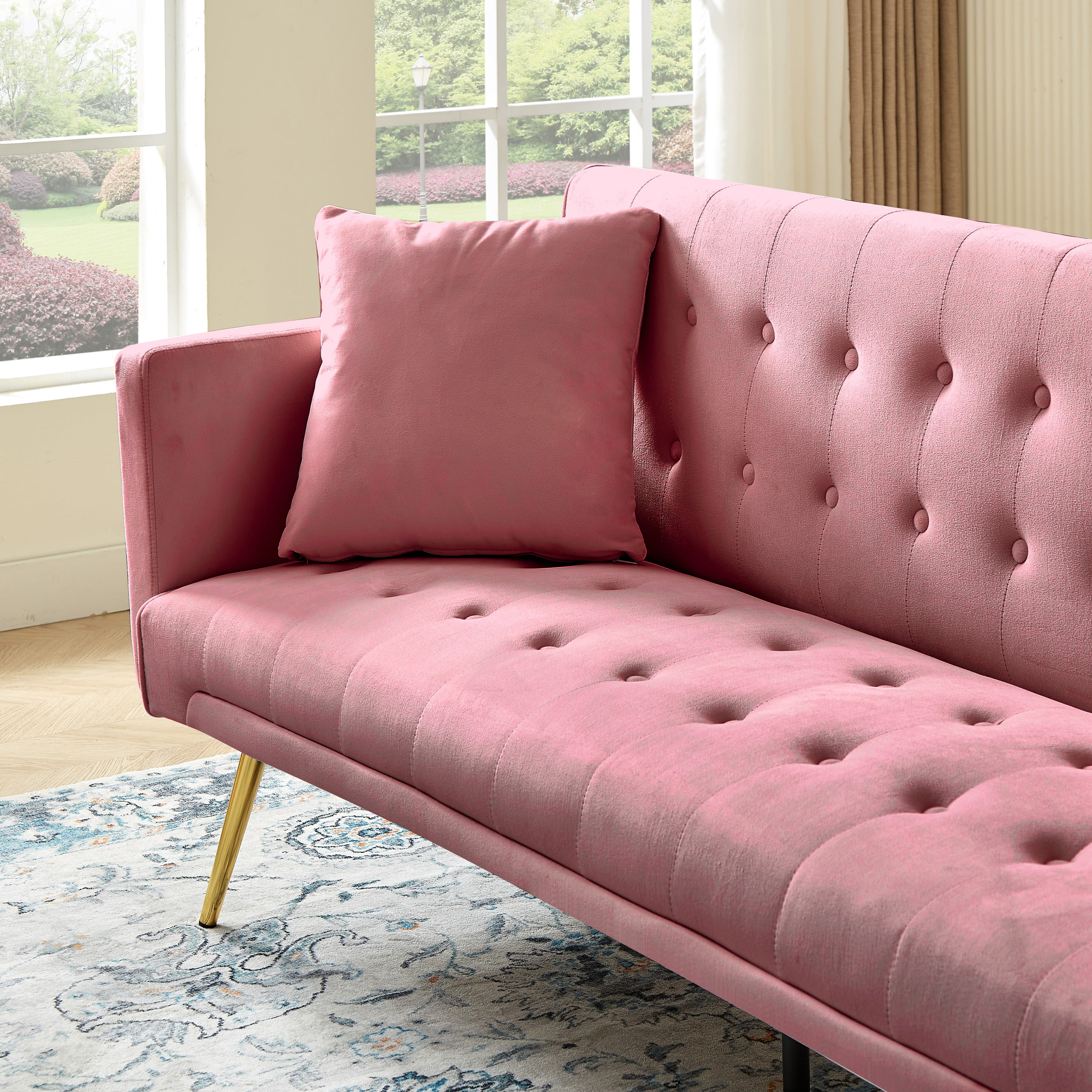 Leumius Velvet Futon Sofa Bed,Adjustable Convertible Folding Sleeper Couch Bed for Compact Living Spaces,Pink