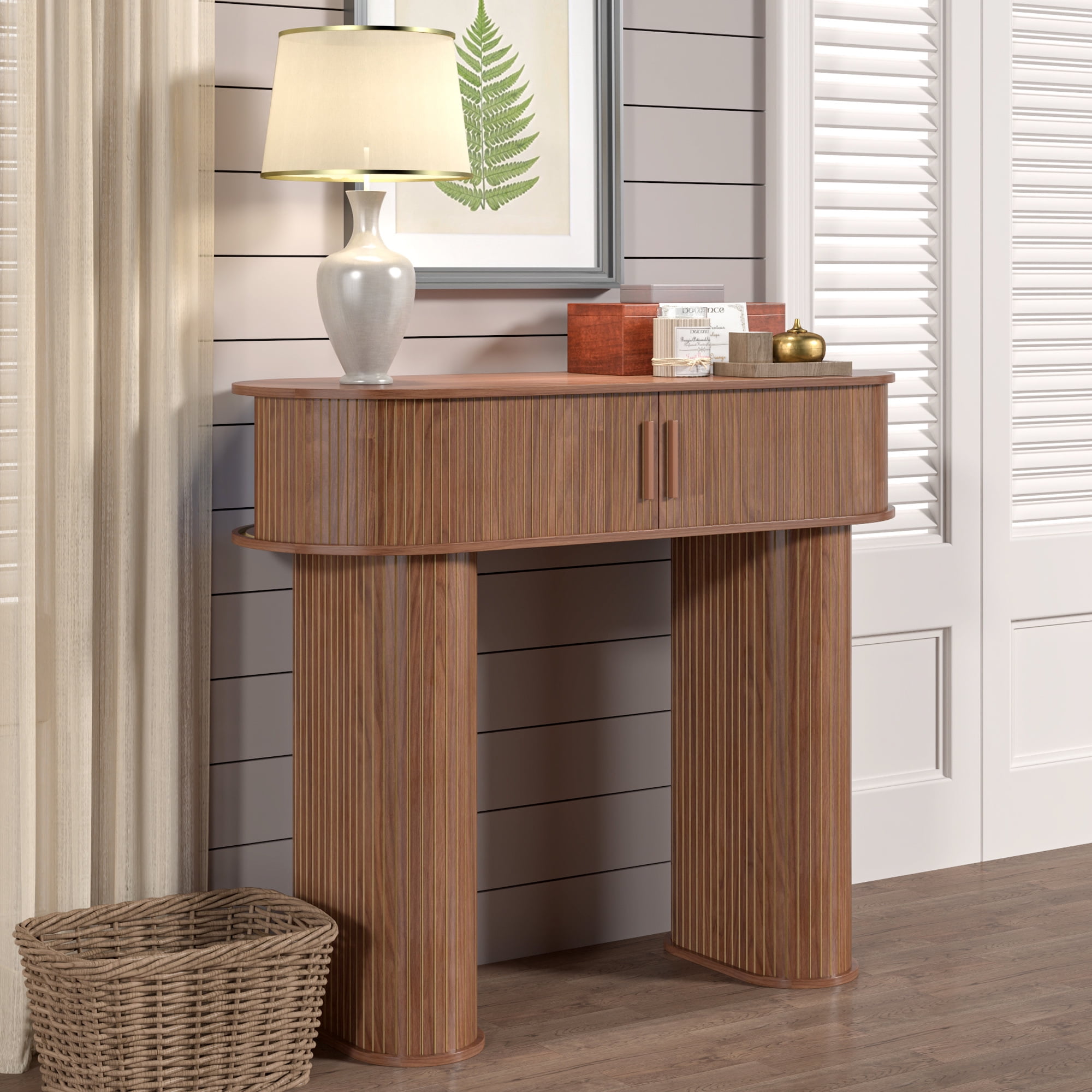Furtivusia Console Table with Storage, Entryway Table with Sliding Door, Wood Sofa Table for Living Room, Foyer, Hallway, Walnut Color