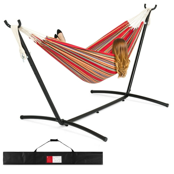 Best Choice Products 2-Person Brazilian-Style Cotton Double Hammock with Stand Set w/ Carrying Bag - Red Stripes