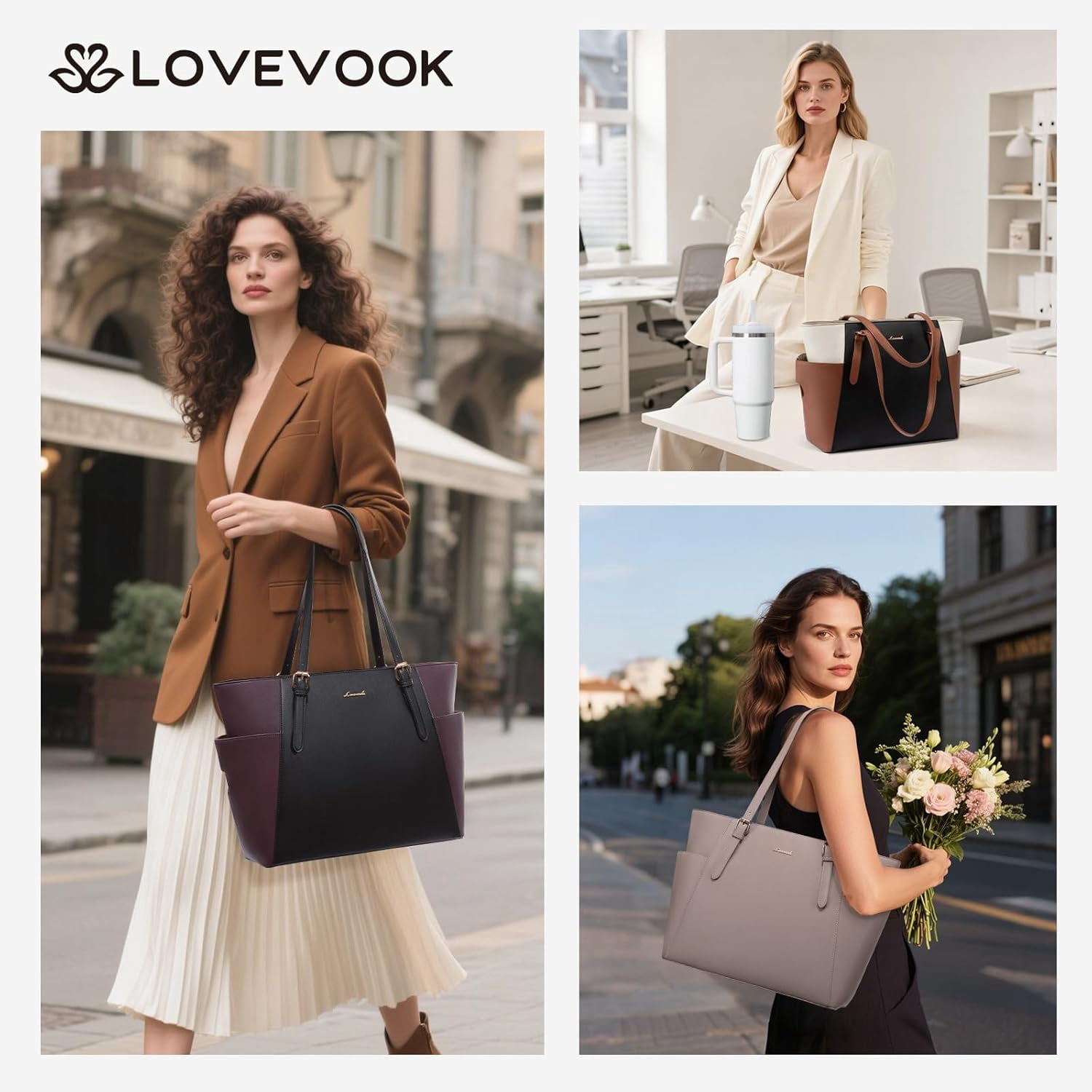 LOVEVOOK Leather Laptop Tote Bag for Women 15.6 Inch, Professional Work Bag with Large Cup Holder & Padded Compartment, Business Teacher Commuter Shoulder Bag, Office Travel Gift