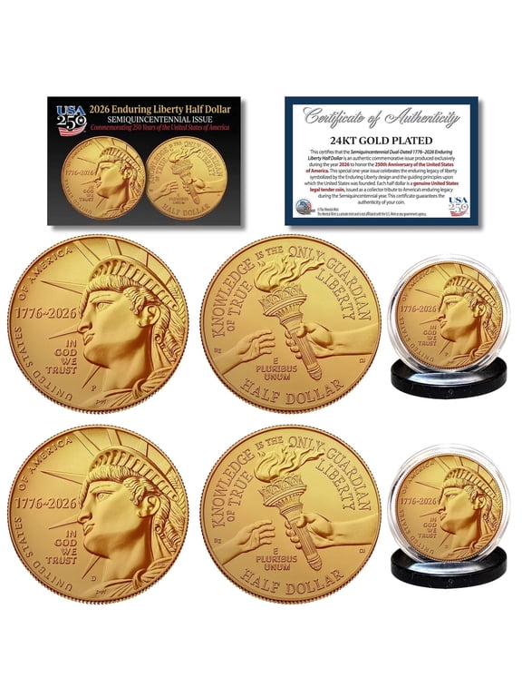 Collectible 2026 P & D Mints 24K Gold Plated Enduring Liberty Half Dollar 2-Coin Set BU - America's 250th Semiquincentennial