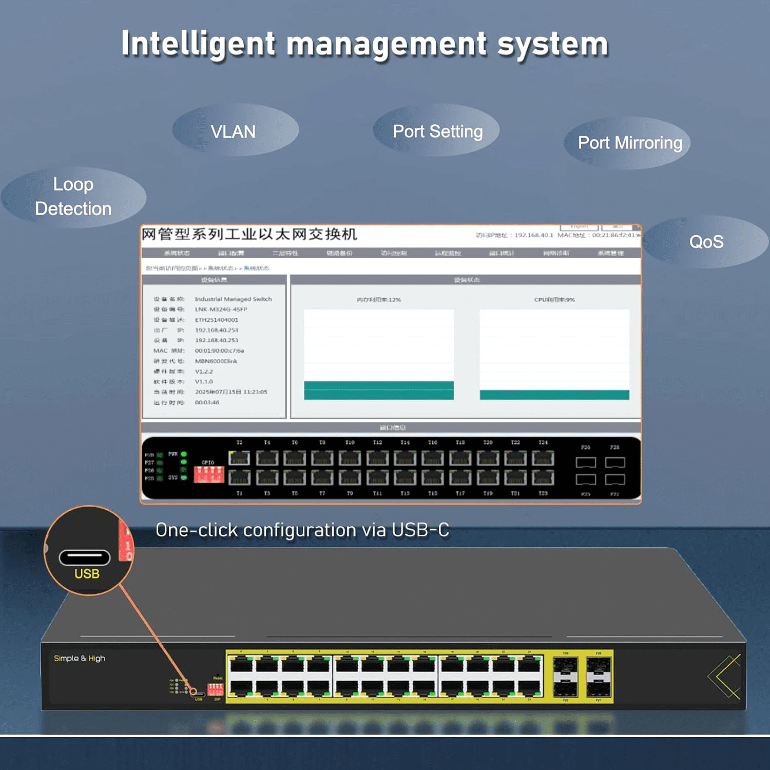 Managed 24 Port Gigabit Switch with 4 SFP Slots, USB-C Management & Redundant DC Power, L2+ Rackmount Network Switch for Business