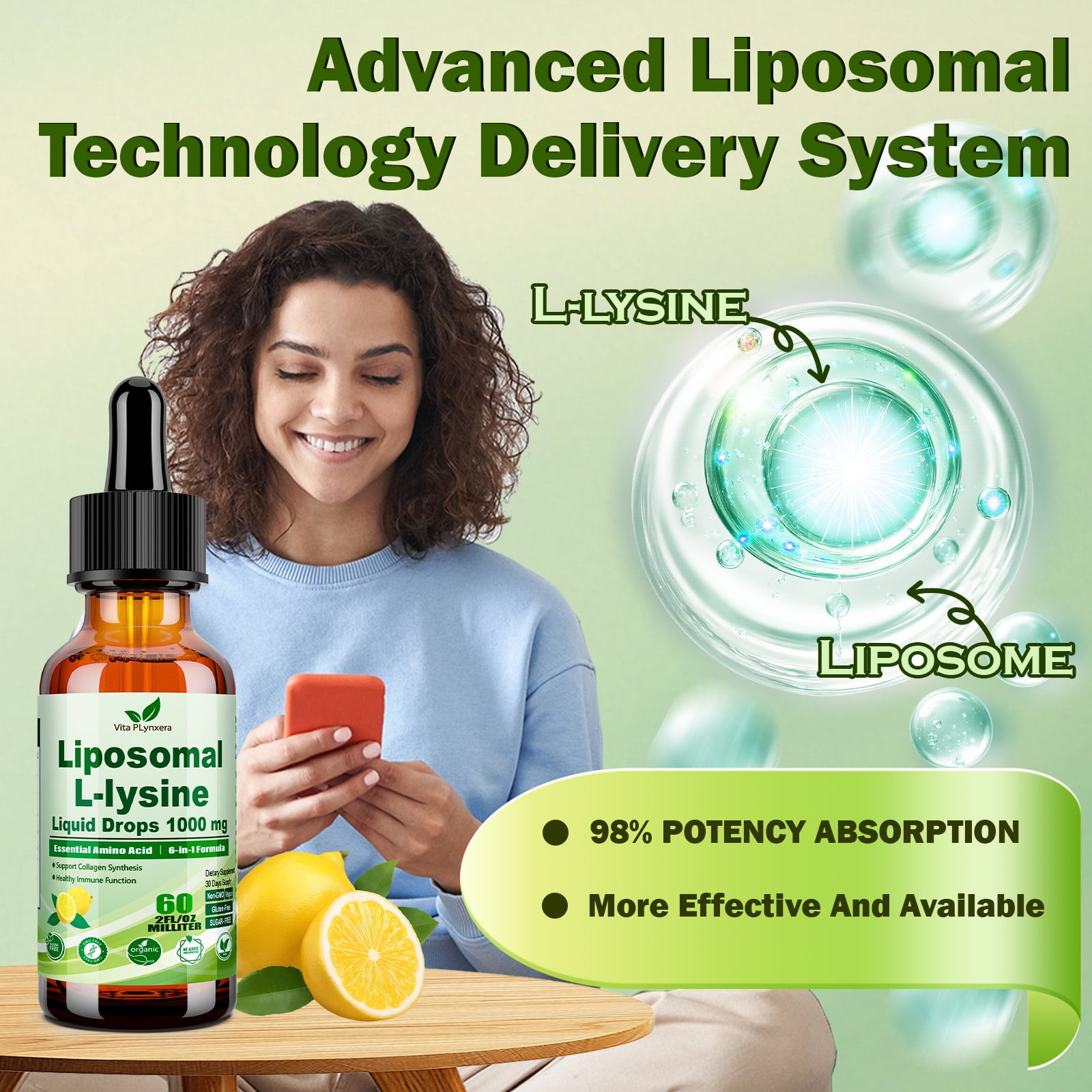 VitaPLynxera L-Lysine 1000mg Liquid Drops with Monolaurin & Immune Support Nutrients* | Essential Amino Acid for Collagen & Protein Synthesis* | Liposomal Formula with Vitamin C, D3, Zinc