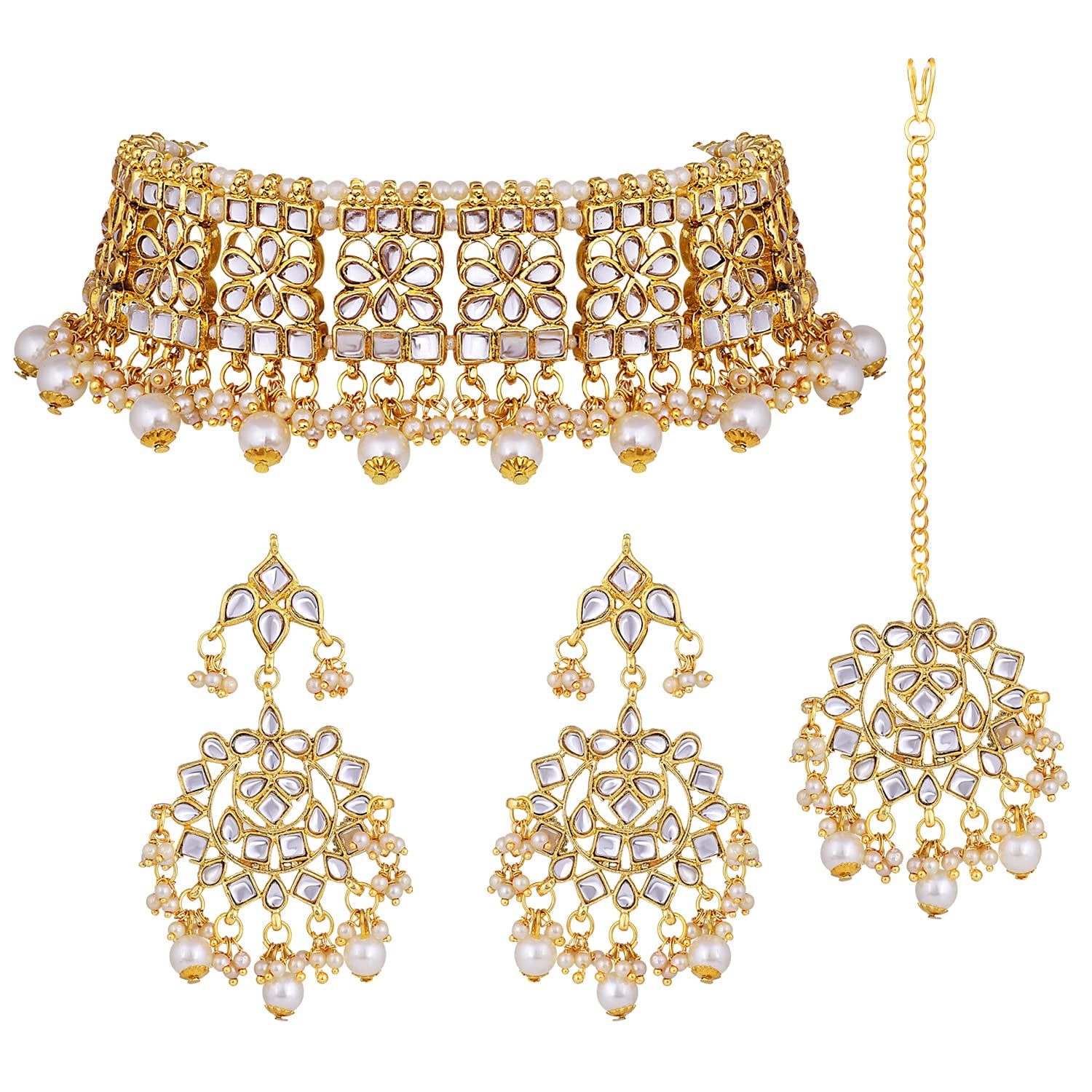 Aheli Beautiful Wedding Wear Indian Laxmi Goddess Faux Stone Studded Floral Design Crafted Necklace Earrings Set Ethnic Fashion Jewelry for Women 