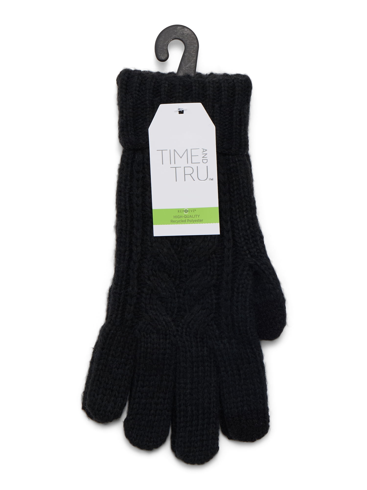 Time and Tru Women's Tech Touch Cable Knit Gloves, One Size Fits Most, Black Soot