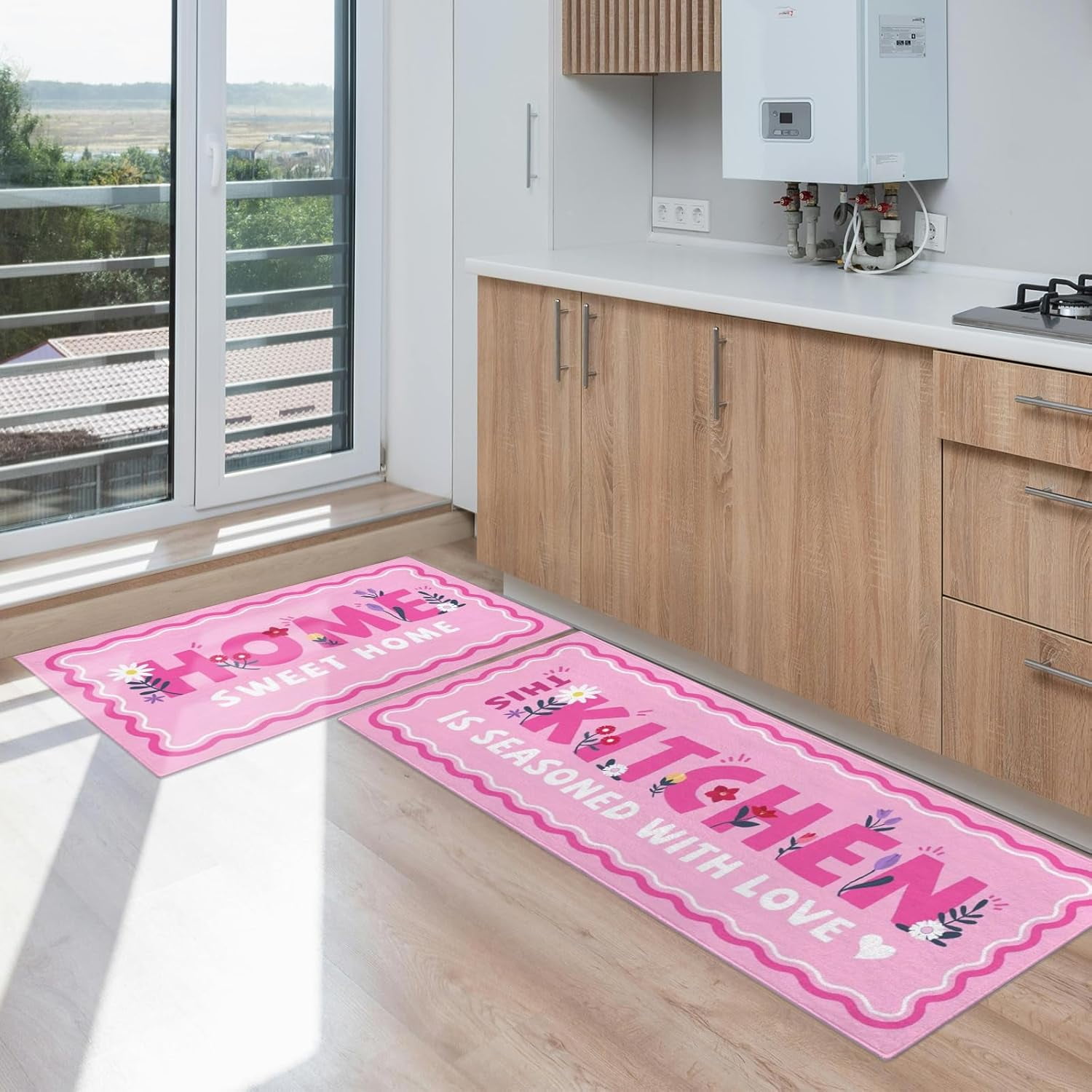 Flower Pink Kitchen Mats for Floor Set of 2, Flower Floor Mat Carpet Runner Area Rug Washable, Pink Home Kitchen Decor and Accessories Stuff, 17x30 and 17x47 Inch
