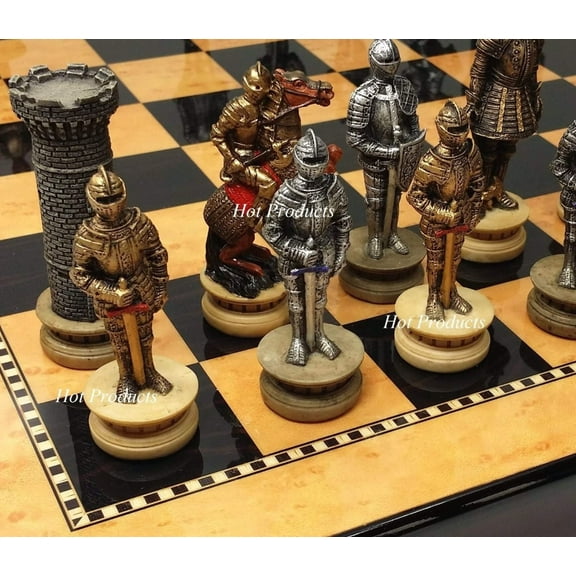 Medieval Times Crusades Warrior Knight Chess Set 15" Walnut  Maple Color Board