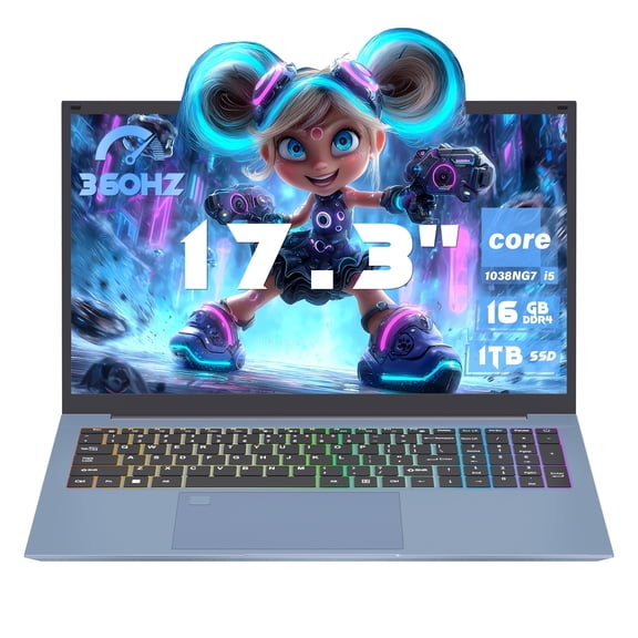 17.3" FHD IPS Laptop, (Win 11 Pro Office 2019), Core i5-1038NG7, 16GB DDR4 RAM, 512GB SSD, Iris Plus Graphics, Fingerprint Reader, Color Backlit Keyboard with Numpad, Type-C, WiFi 6, HDMI, RJ45