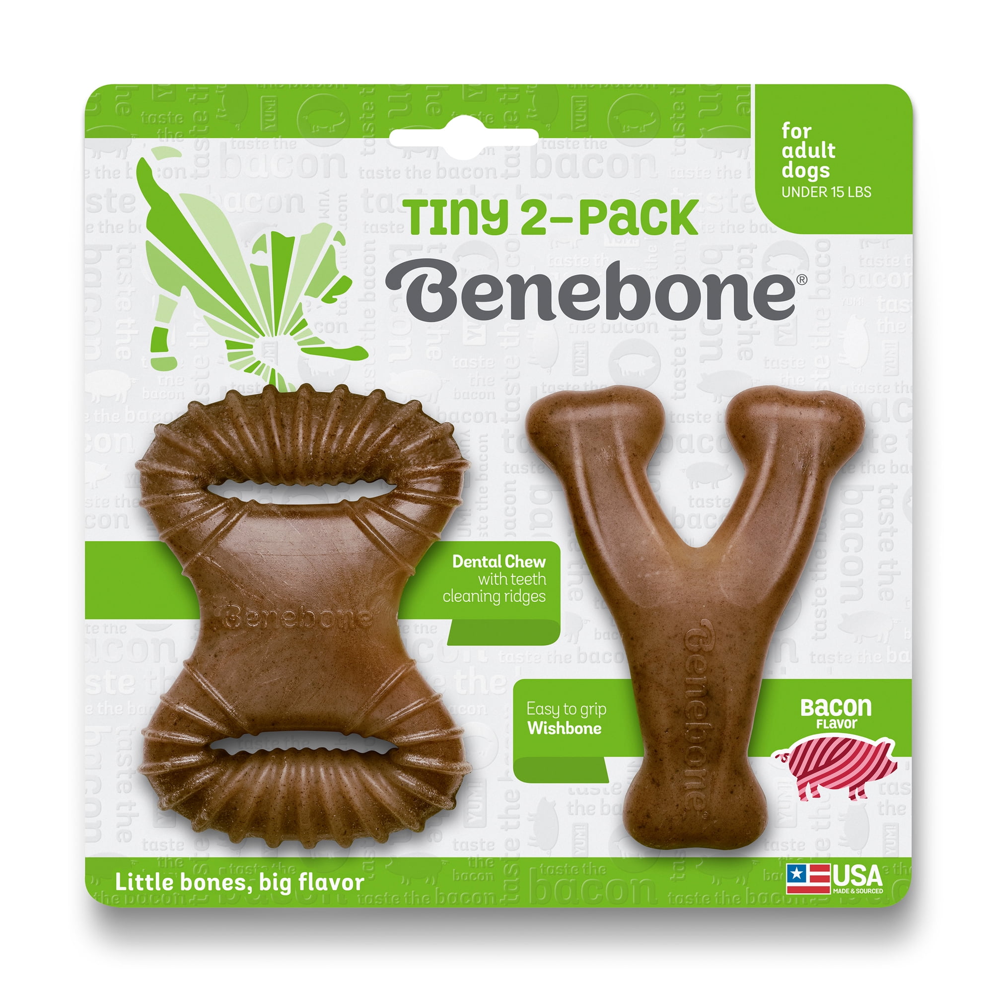 Benebone Tiny 2-Pack Wishbone Dental Chew Durable Dog Chew Toys, Real Bacon