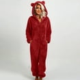 thumbnail image 2 of Riecok Hooded Jumpsuit Pajamas Cozy Soft Double-sided Warm Bathrobe Zipper Ear Hat Thickened Jumpsuit Pajamas Red 5XL, 2 of 5