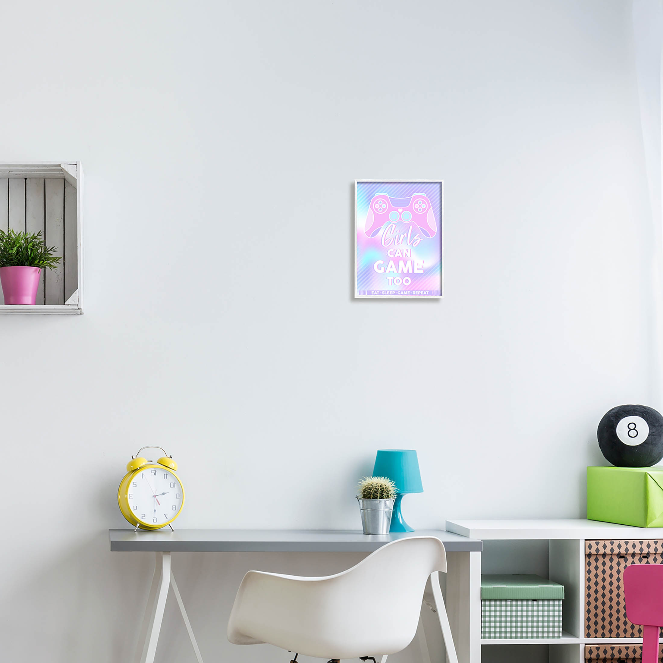 Girls Can Game Too Pastel Phrase Art for Kids Graphic Art White Framed Art Print Wall Art