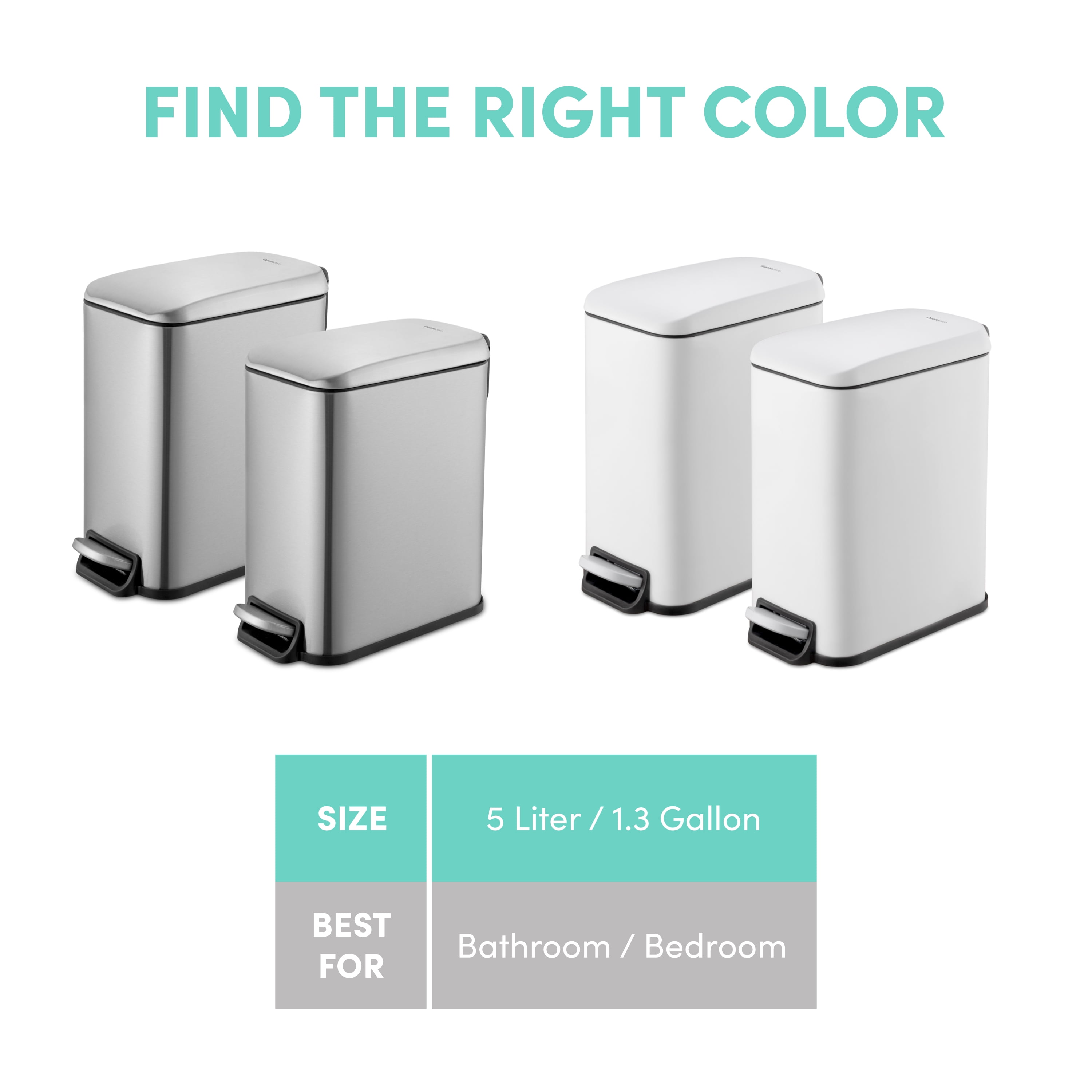 Qualiazero Bathroom Trash Can Combo, 1.3 Gallon Stainless Steel Slim Step Garbage Bin with Soft Close Lid, Matte White, Pack of 2