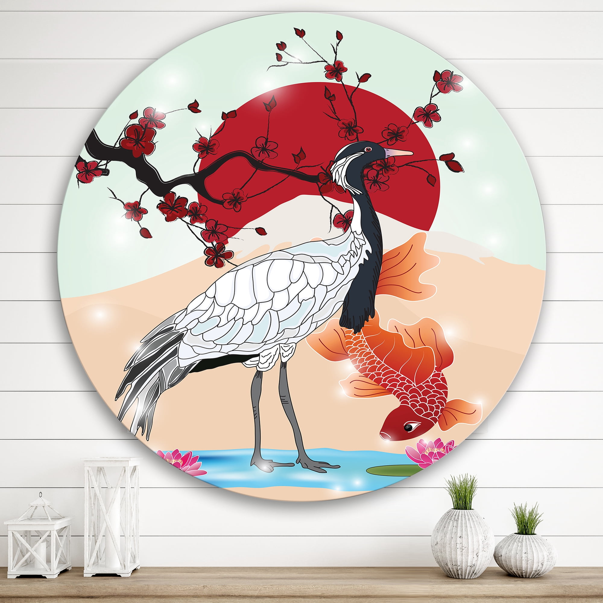 Designart 'Koi Fish With Crane Bird' Farmhouse Circle Metal Wall Art 29x29 - Disc of 29