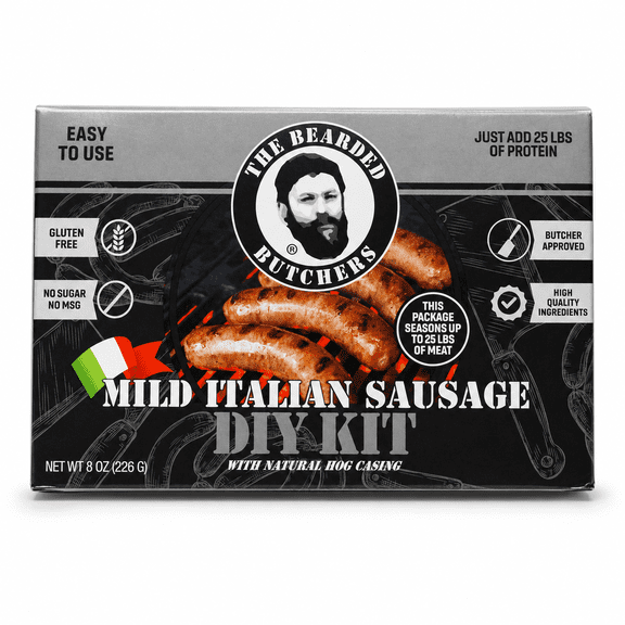 The Bearded Butchers Mild Italian Sausage DIY Kit for up to 25 lbs of Meat, Includes Fennel, Garlic & Paprika, 8oz Seasoning & Natural Hog Casings