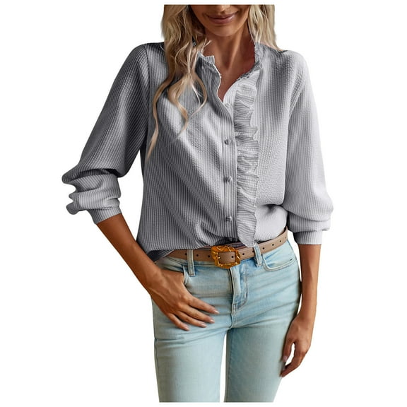 Tshirts Shirts for Women Women's Round Collar Monochrome Button Down Striped Ruffle Long Sleeve Shirt