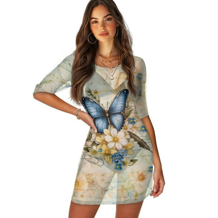 FKELYI Retro Floral Butterfly Print Women Cover Ups for Summer Round Neck Cover-Up Breathable Beachwear Flowy Swim Bikini Cover Up Half Sleeve Resort Wear for Lady Teen Girls  L