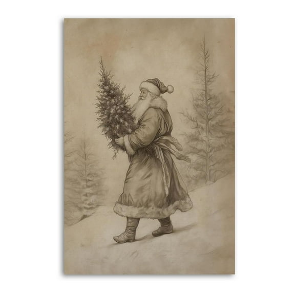 Vintage Christmas Neutral Sketch Santa Claus Holding Tree Print Photo Art Painting Canvas Poster Home Decorative Bedroom Modern Decor Posters Gifts 16x24inch(40x60cm)