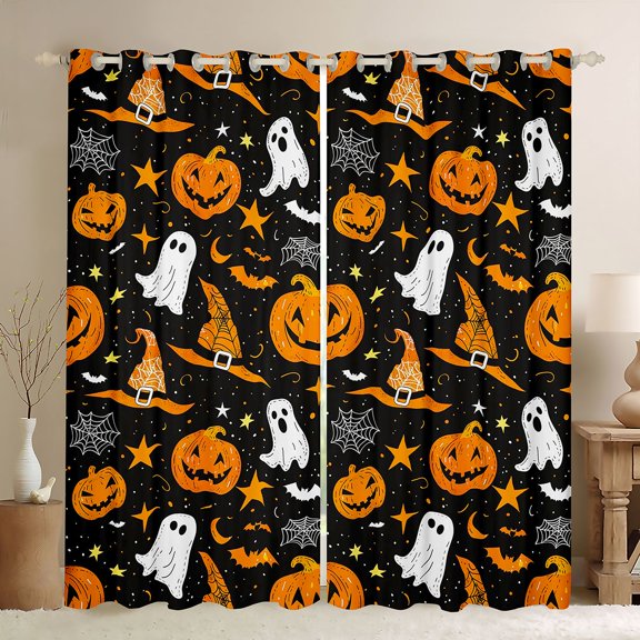 Homewish Halloween Pumpkin Ghost Kitchen Curtains, Witch Hat Bat Black Out Curtains Pack of 2 (42x63 Each), Black Orange
