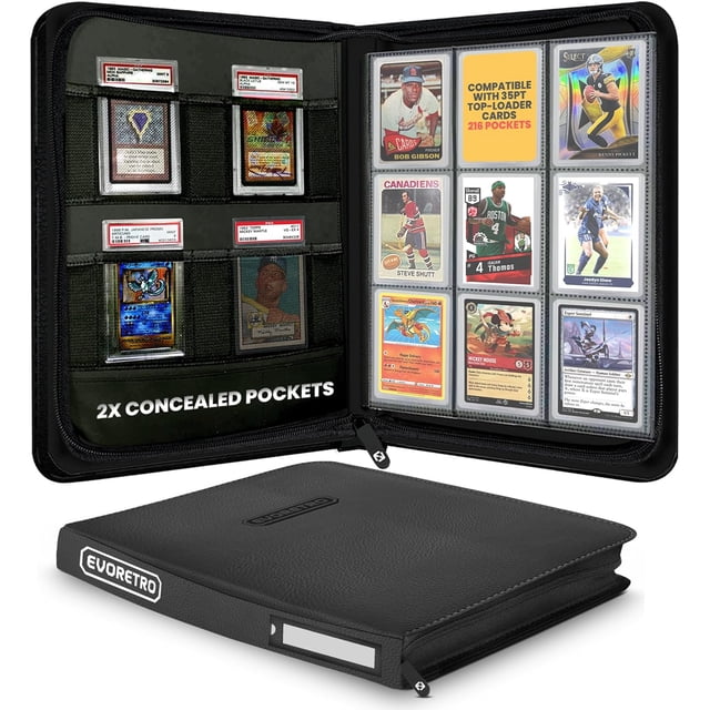 Classeur Toploader - 35pt-55pt 3"x4" Noir Portable pour Cartes à Chargement par le Haut, Classeur de Cartes à 9 Pochettes, Porte-Cartes Rigide à 216 Fentes, 4 Pochettes pour Slab PSA, Lorcana, Pokémon, MTG, Classeur de Cartes de Hockey, EVORETRO