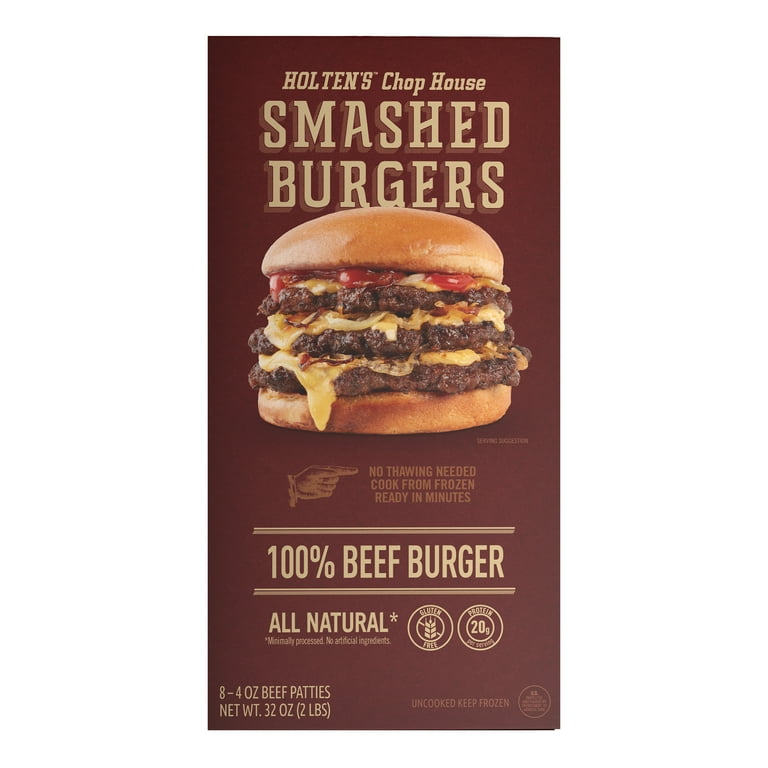 Holten's Chop House 100% Beef Smashed Burgers, 8 Count, 4oz Smash Burgers, 2lb (Frozen)