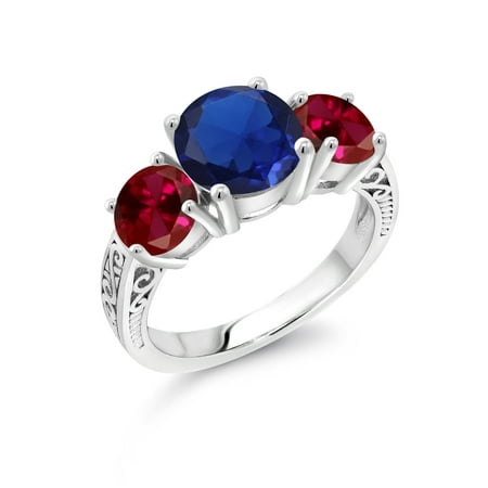 Blue Sapphire Ruby Ring - 4.50 Ct Round Blue Simulated Sapphire Red Created Ruby 925 Sterling Silver Ring