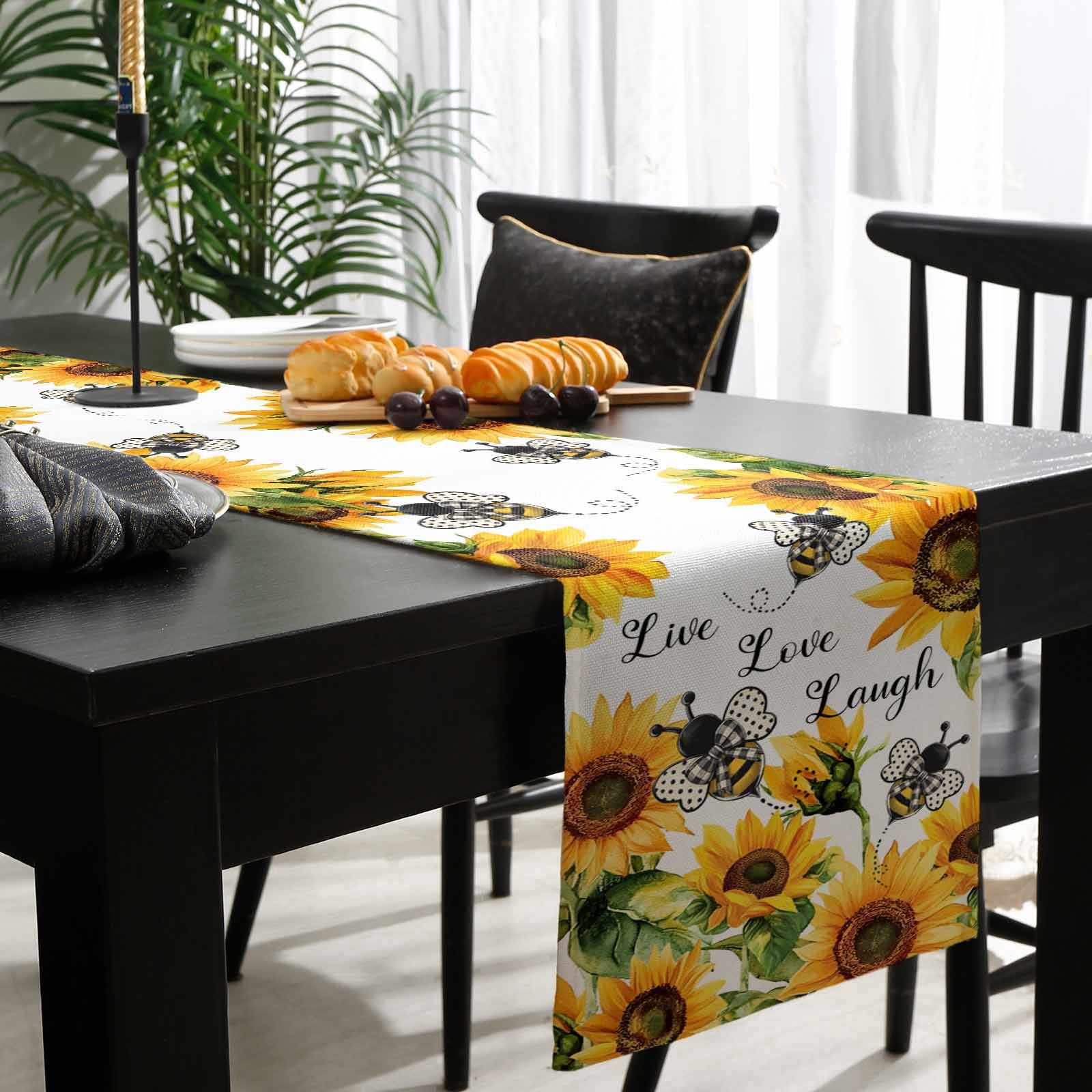 Extra Long Sunflower & Bee Table Runner - 13x120 Inch Cotton Linen Rustic Farmhouse Decor - View #9