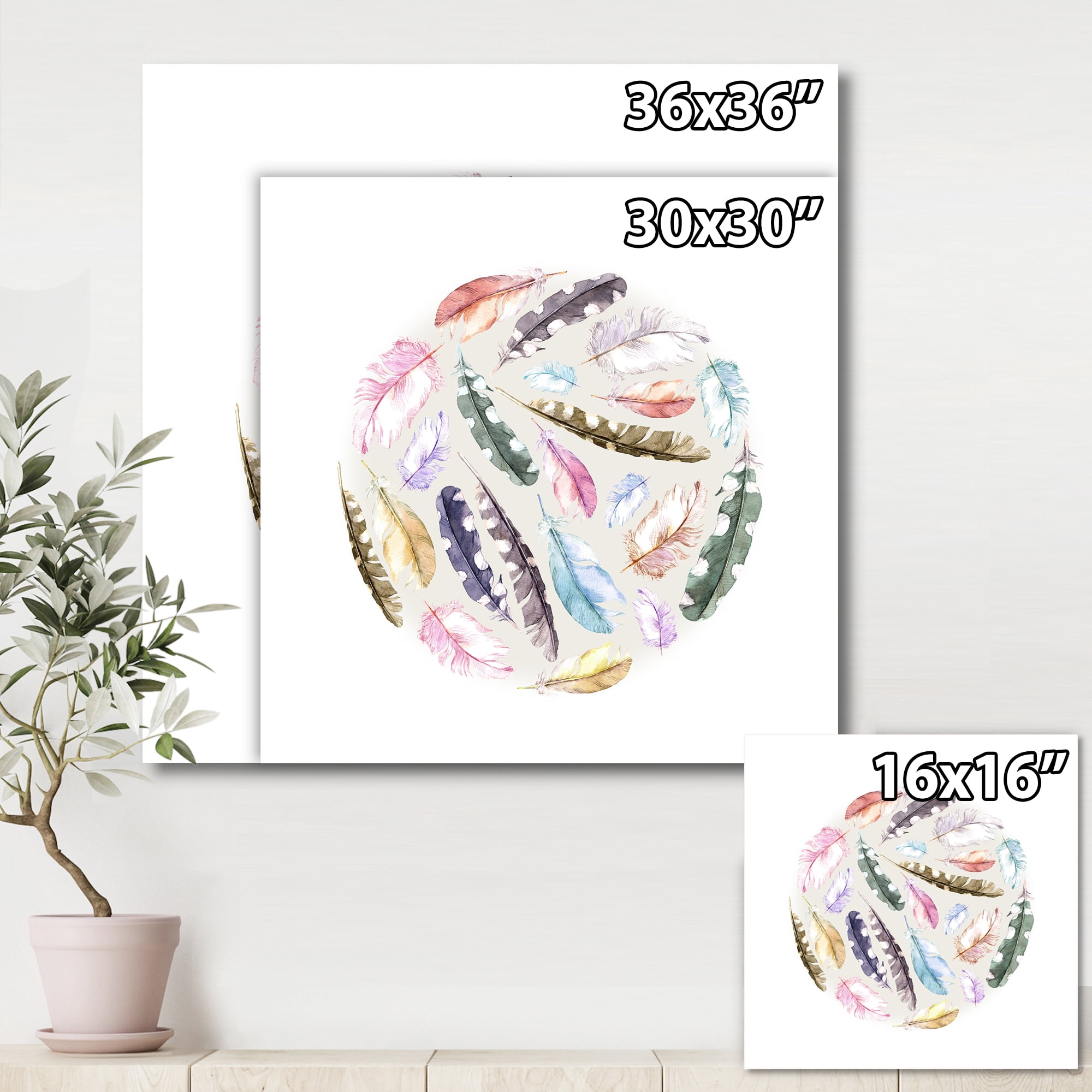 Designart ' Ancient Bird Feathers In Circle ' Traditional Canvas Wall Art Print