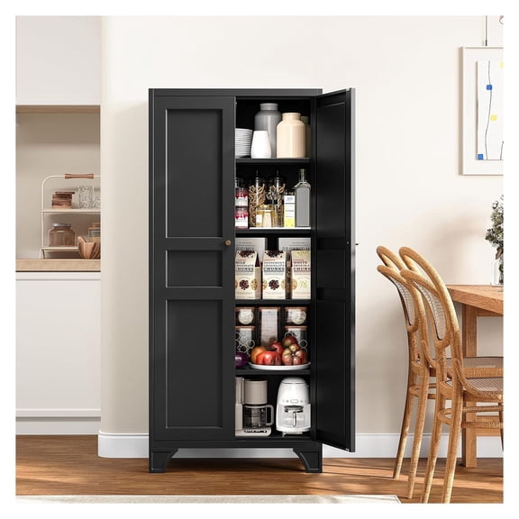 61 Inch Black Metal Pantry Storage Cabinet, Heavy Duty Kitchen Cupboard with 2 Doors, Adjustable Shelves, 180 lbs Capacity per Shelf for Home Garage Office Use