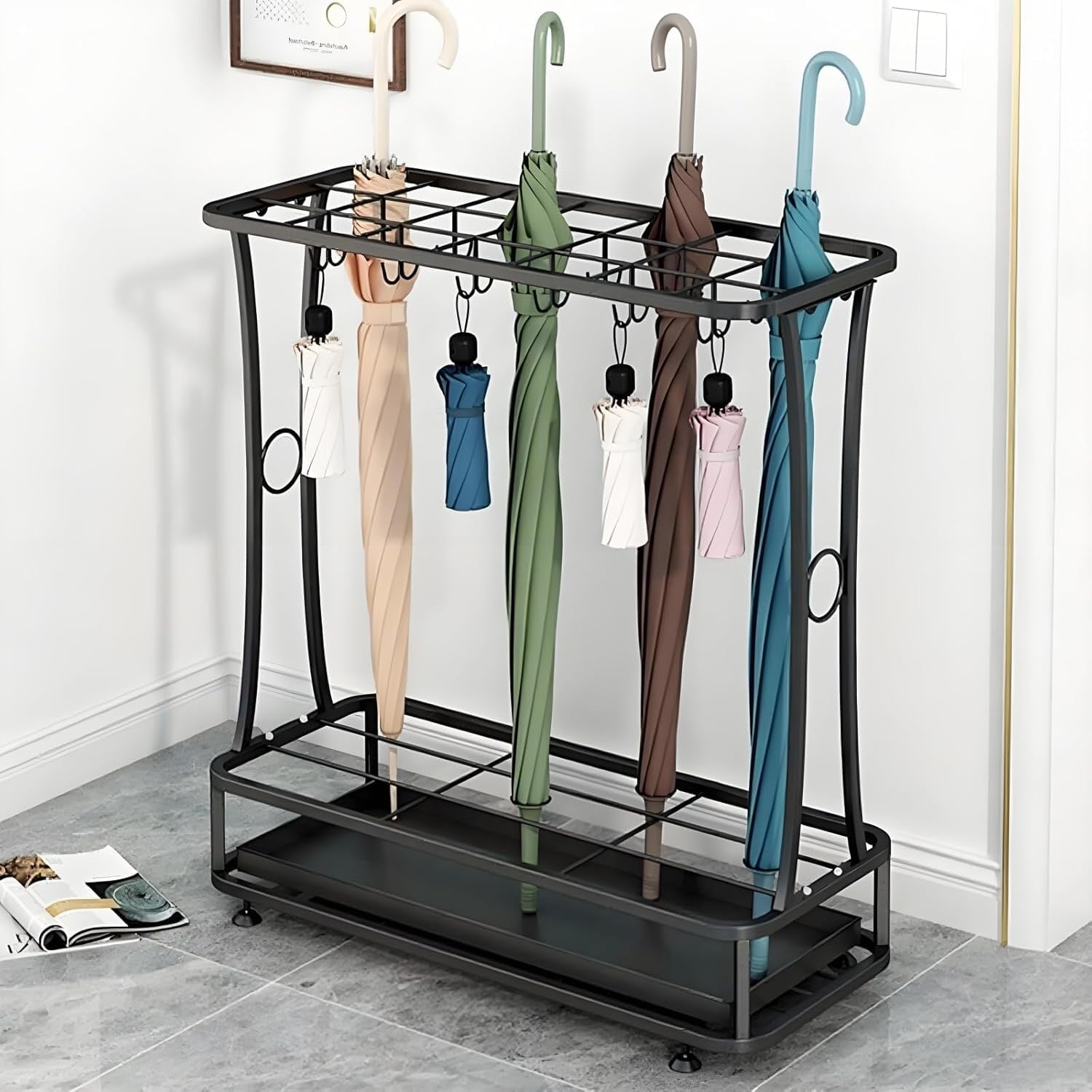 Umbrella Holder Stand with Removable Drip Tray, Slots and Hooks, Free Standing for Indoor Outdoor Home Office Entryway (Black)