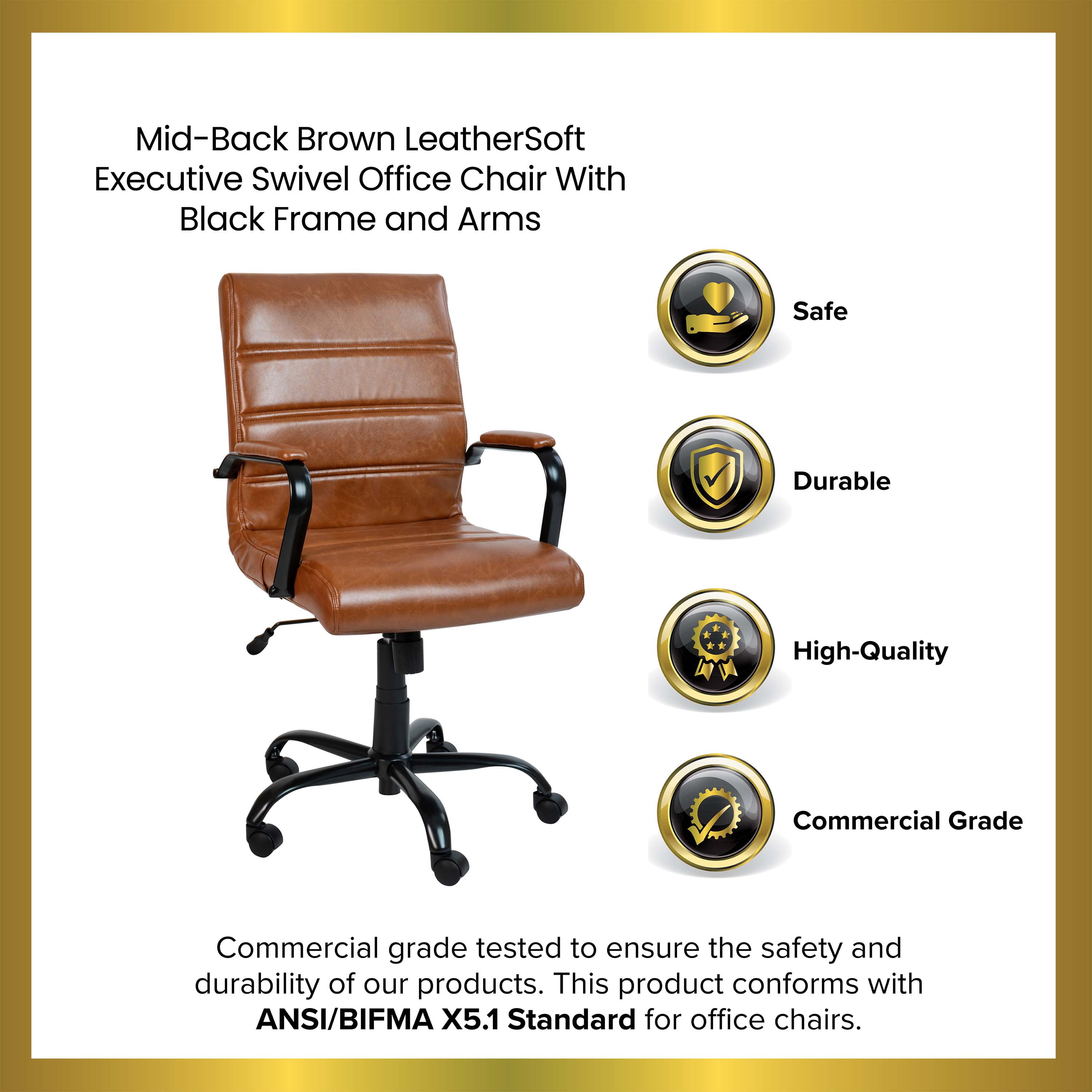 Merrick Lane Contemporary Mid-Back Brown Faux Leather Home Office Chair with Padded Black Arms