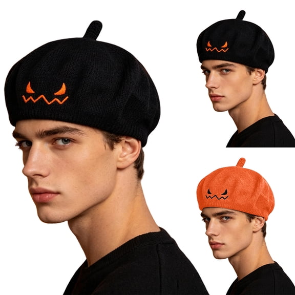 CINVREST Halloween Party Hat Creative Pumpkin Beret-Hat Cute Embroidery Fashion Knitted Hats Fall Winter Party Headwear (Free Size, Black)