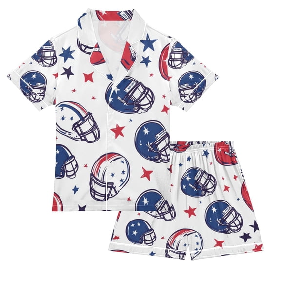 FORMRS Kids Satin Short Sleeve Pajama Set Unisex Top and Pants Soft 2-Piece Sleepwear, Sizes 5-6Y, Cartoon American Football Helmets