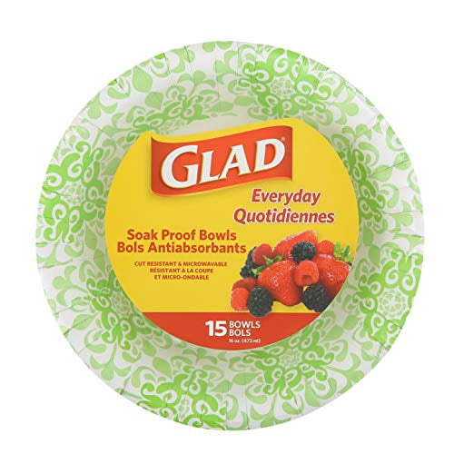 Glad Paper Bowls With Green Victorian Design, 15 Count Disposable
