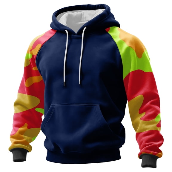 Men’s Long Sleeve Pullover Hoodie with Camouflage Pattern Raglan Sleeves and Adjustable Drawstring Hooded Sweatshirt Dark Blue L
