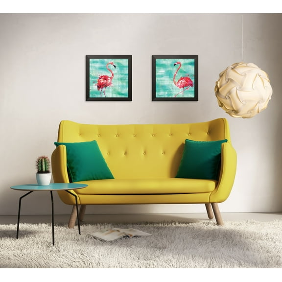 Gango Home Decor Tropical Watercolor Flamingo Wall Décor; Two Pink 12x12in Art Prints in Black Frames