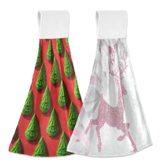 IAUYY Kitchen Hanging Towels Set of 2 100% Polyester Absorbent, Super Soft Hand Towels with Hanging Loops for Bathroom Kitchen Plasticine Christmas Tree Shimmering