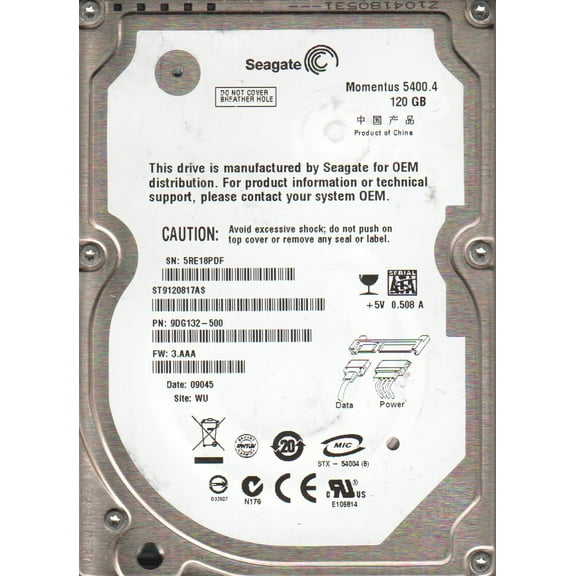 ST9120817AS, 5RE, WU, PN 9DG132-500, FW 3.AAA, Seagate 120GB SATA 2.5 Hard Drive