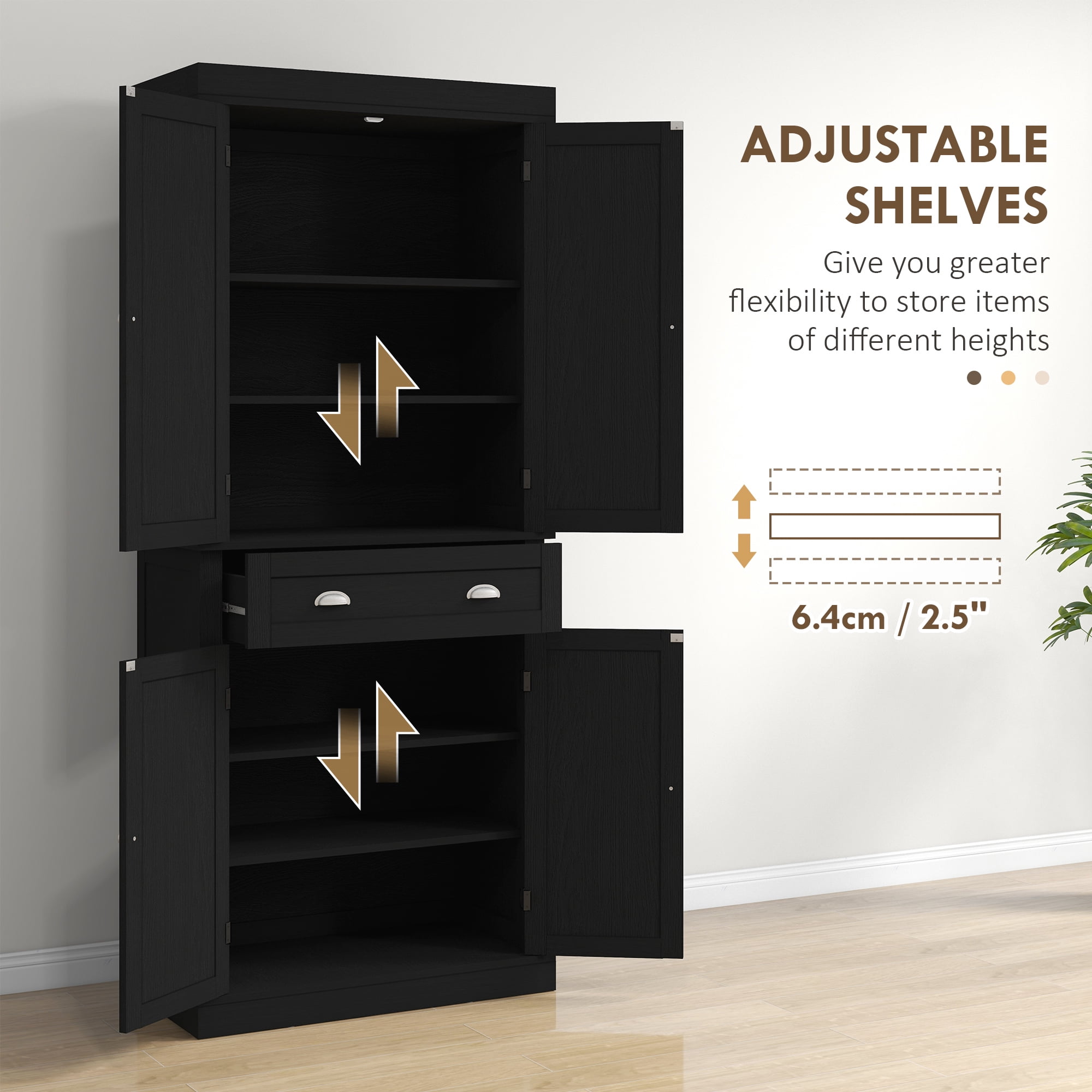 HOMCOM 72.5" Traditional Freestanding Kitchen Pantry Cupboard with 2 Cabinet, Drawer and Adjustable Shelves, Black Wood Grain