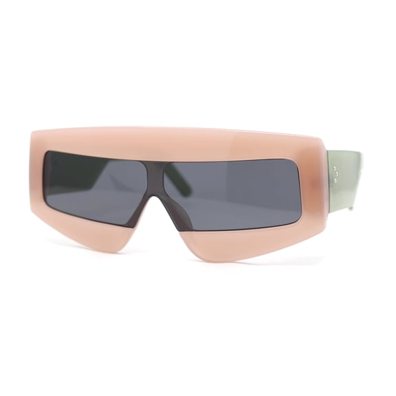 Womens Flat Top Thick Plastic Shield Rectangle Retro Futurism Sunglasses Beige Green - Black