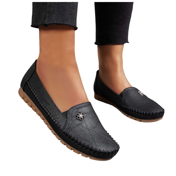 Pandaie Women's Orthopedic LoafersLeather Casual Slip on Work Flats Shoes Lightweight Business Casual Dress Walking Driving Moccasins Black Size 8.5