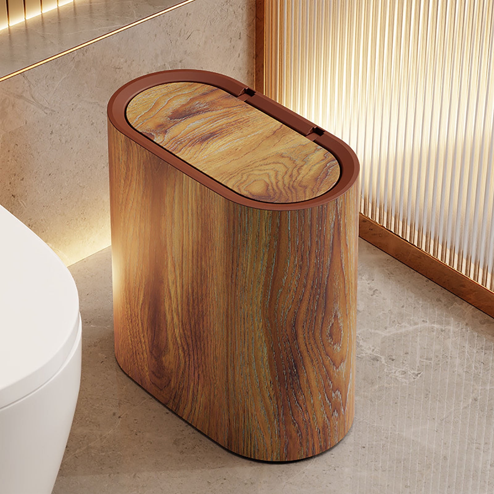 Bathroom Cans with Lids, Marble Wood Pattern Can, Detachable Inner, Small Garbage Bin with Press Type Lid, Narrow Wastebasket for Bathroom Home Indoor Hotel,Brown/2Pack