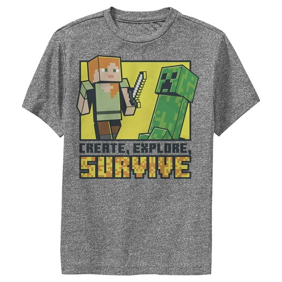 Boy's Minecraft Create Explore Survive  Performance Graphic Tee Charcoal Heather X Large