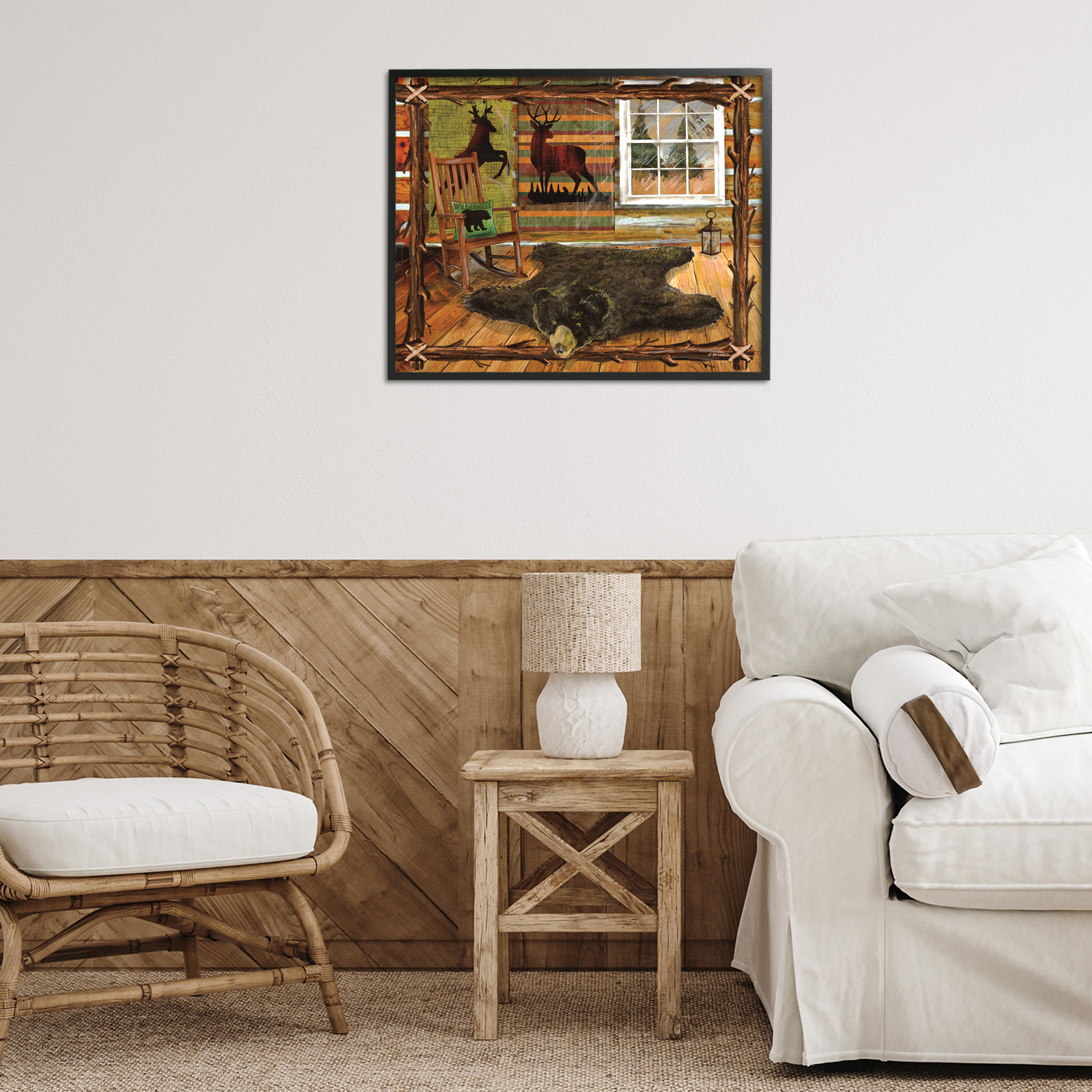 Stupell Industries Rustic Cabin with Border Animals & Insects Painting Black Framed Art Print Wall Art, 30 x 24