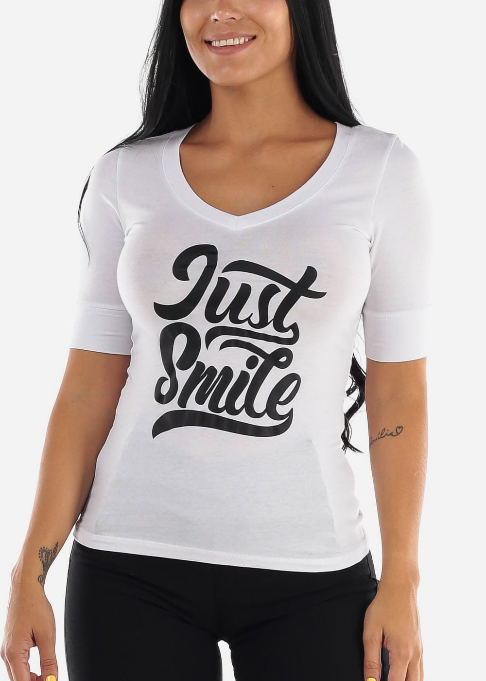 Moda Xpress - Womens Juniors V-Neck Graphic Tee - White Graphic T-Shirt - Cute Graphic Top ...