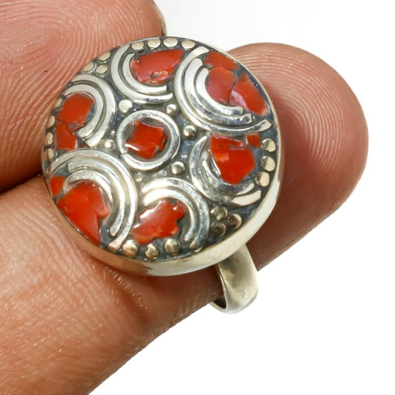 Red Coral Gemstone Adjustable Ring Tibetan Silver Antique Nepali Jewelry NR 3047