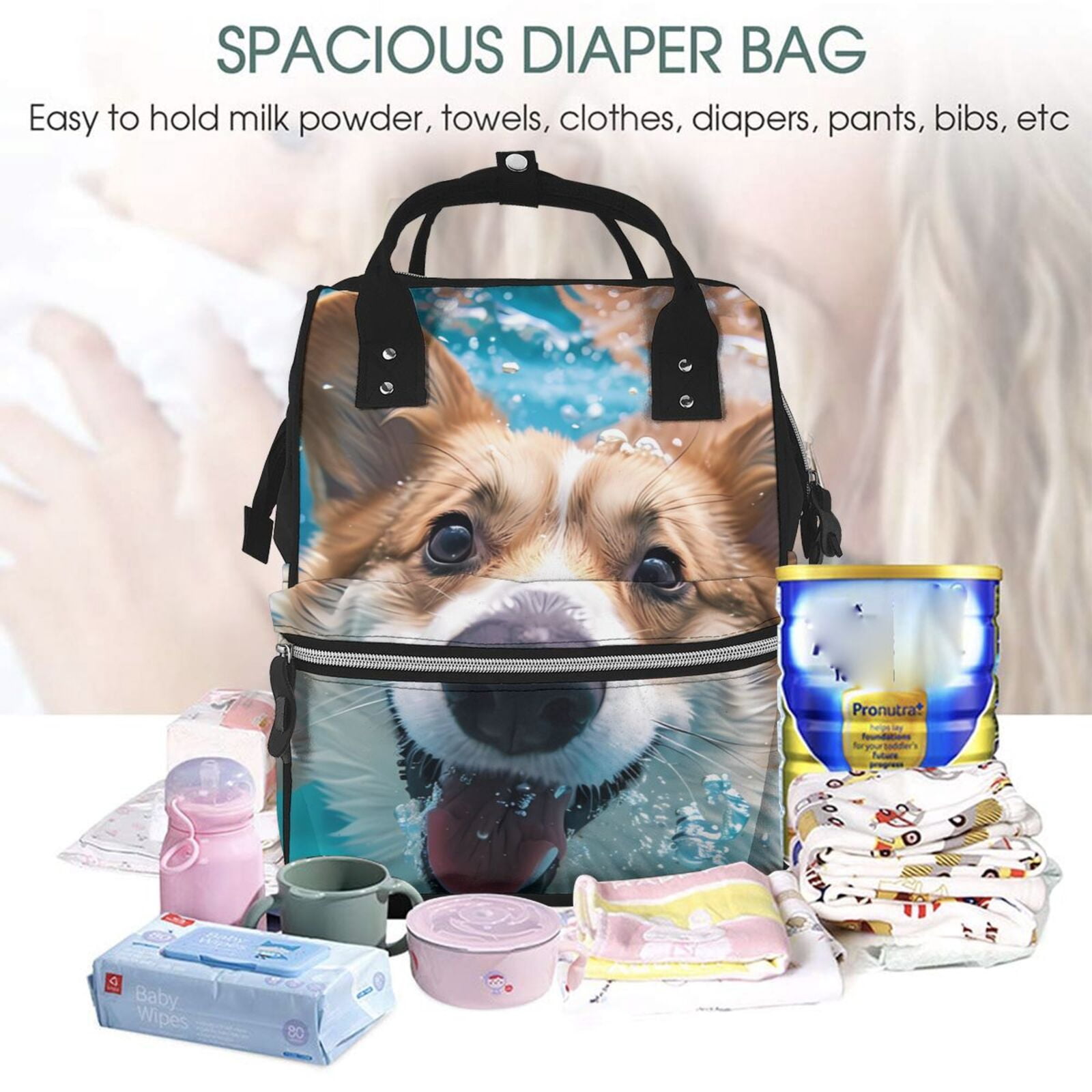Kdxio Baby Diaper Backpack,Multi-Function Travel Backpack Nappy Bags,Nursing Bag, Fashion Mummy,Roomy Waterproof for Baby Care(Sea Swimming Corgi)