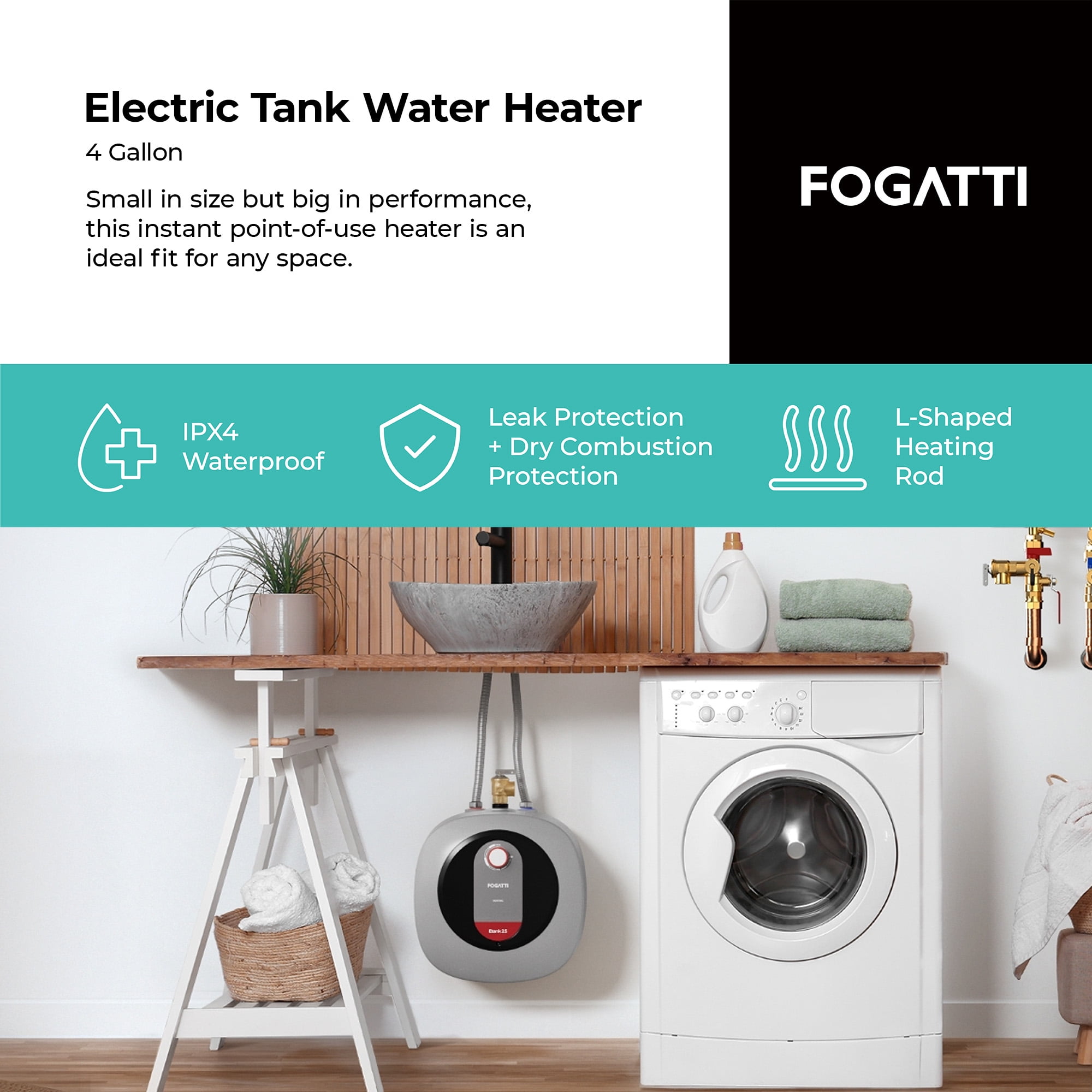Fogatti 4 Gal 1440W Electric Mini Tank  Water Heater, Wall/Floor Mount