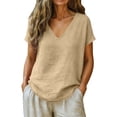 thumbnail image 2 of Linen Tops Women Peasant Blouse Summer Blouses For Women V Neck Oversized Linen Shirts For Women Linen Clothing For Women Cotton Boho Tops 3/4 Length Sleeve Flowy Tops For Women Khaki2 2XL, 2 of 8
