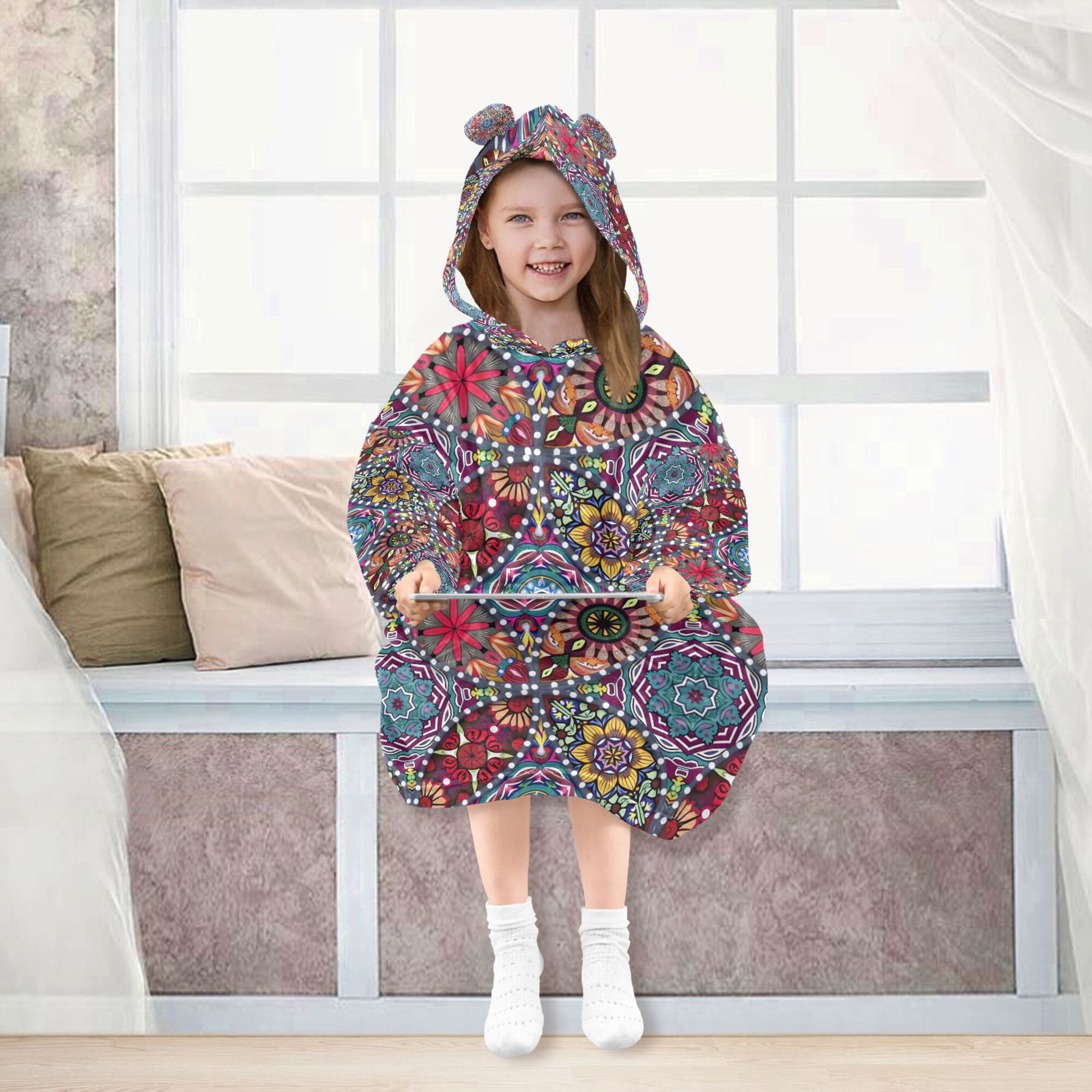 FORMRS Wearable Blanket Hoodie with Sleeves for Kids Cozy Flannel Sweatshirt, Colorful Mandala Pattern