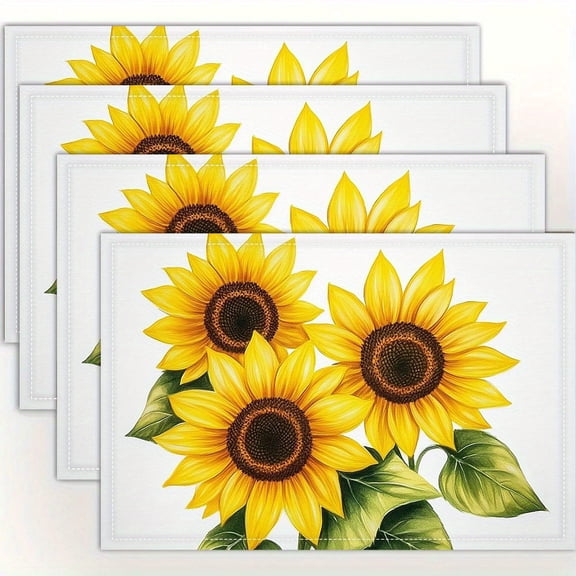 4pcs, 12x18 inch Linen Rectangular Table mats, 3 yellow sunflowers placemats, Anniversary Decorations, Romantic Love Table Mats, Holiday Decorations, Weddings, Parties, Kitchen and Dining Room